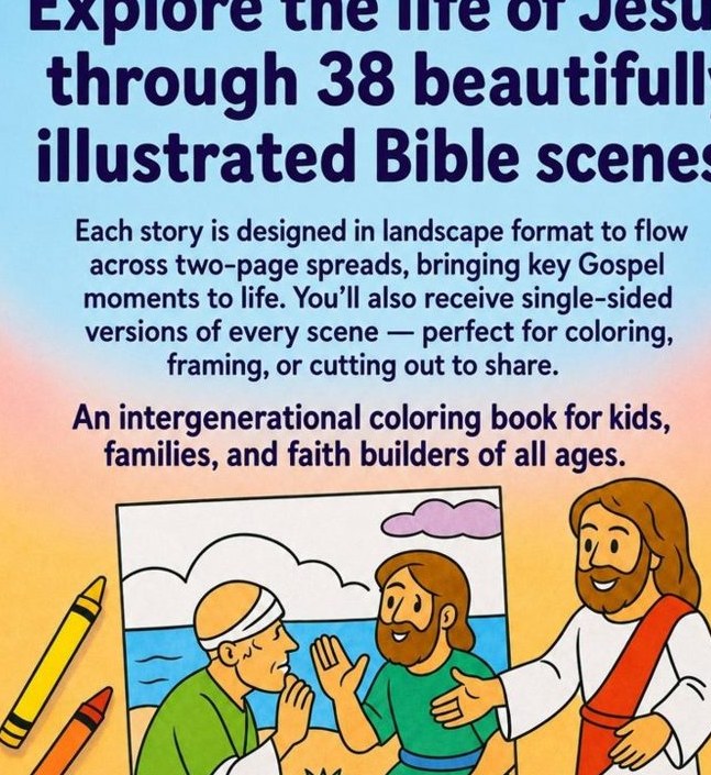 Moments with Jesus back cover: 38 illustrated Bible scenes to color, for kids, families and faith builders of all ages