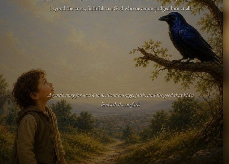 The Untold Story of The Raven: a detail of the back cover, a boy looking up at a raven on a branch