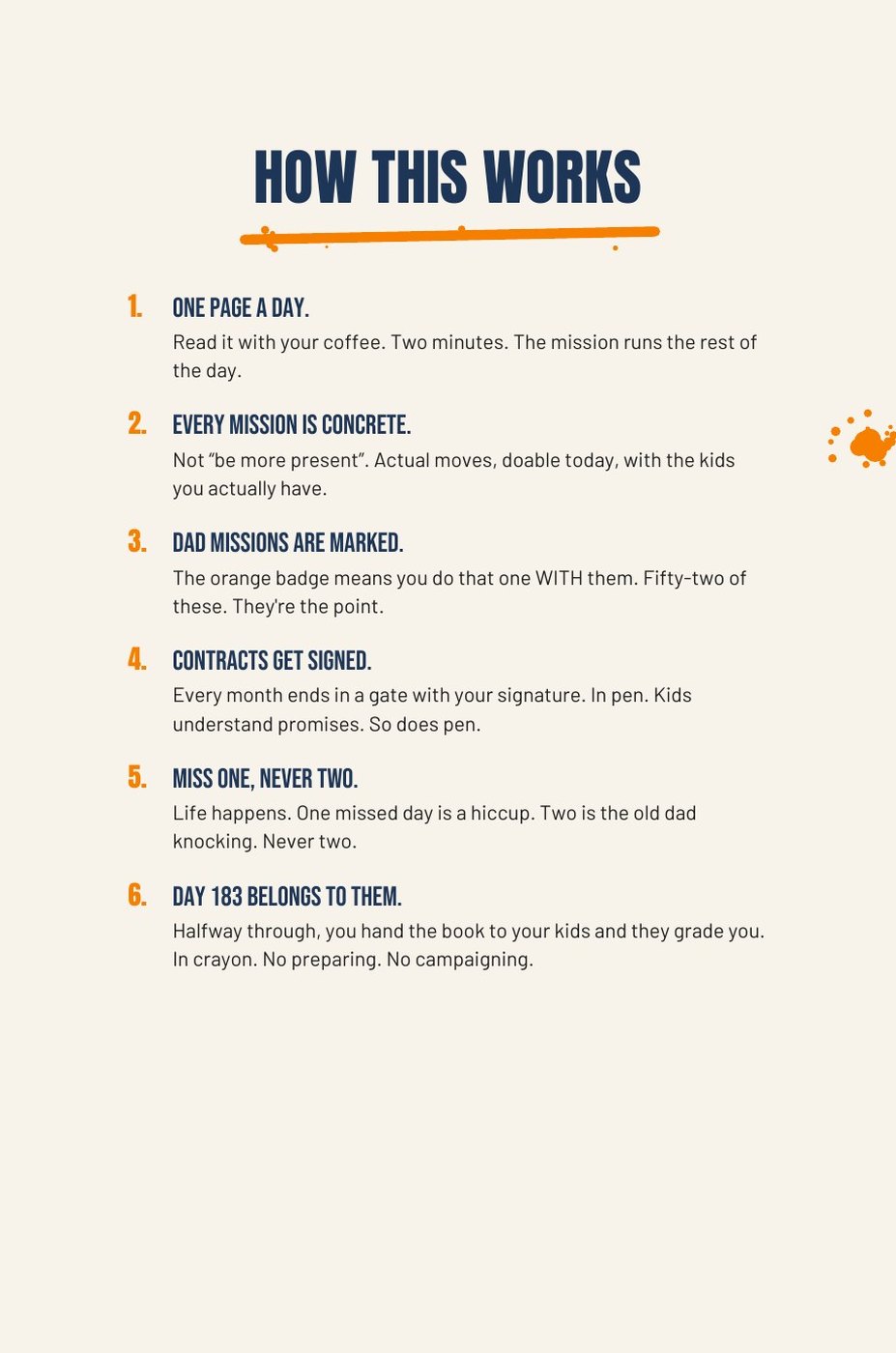 Dad The F*ck Up interior page: How This Works: the daily system for dads
