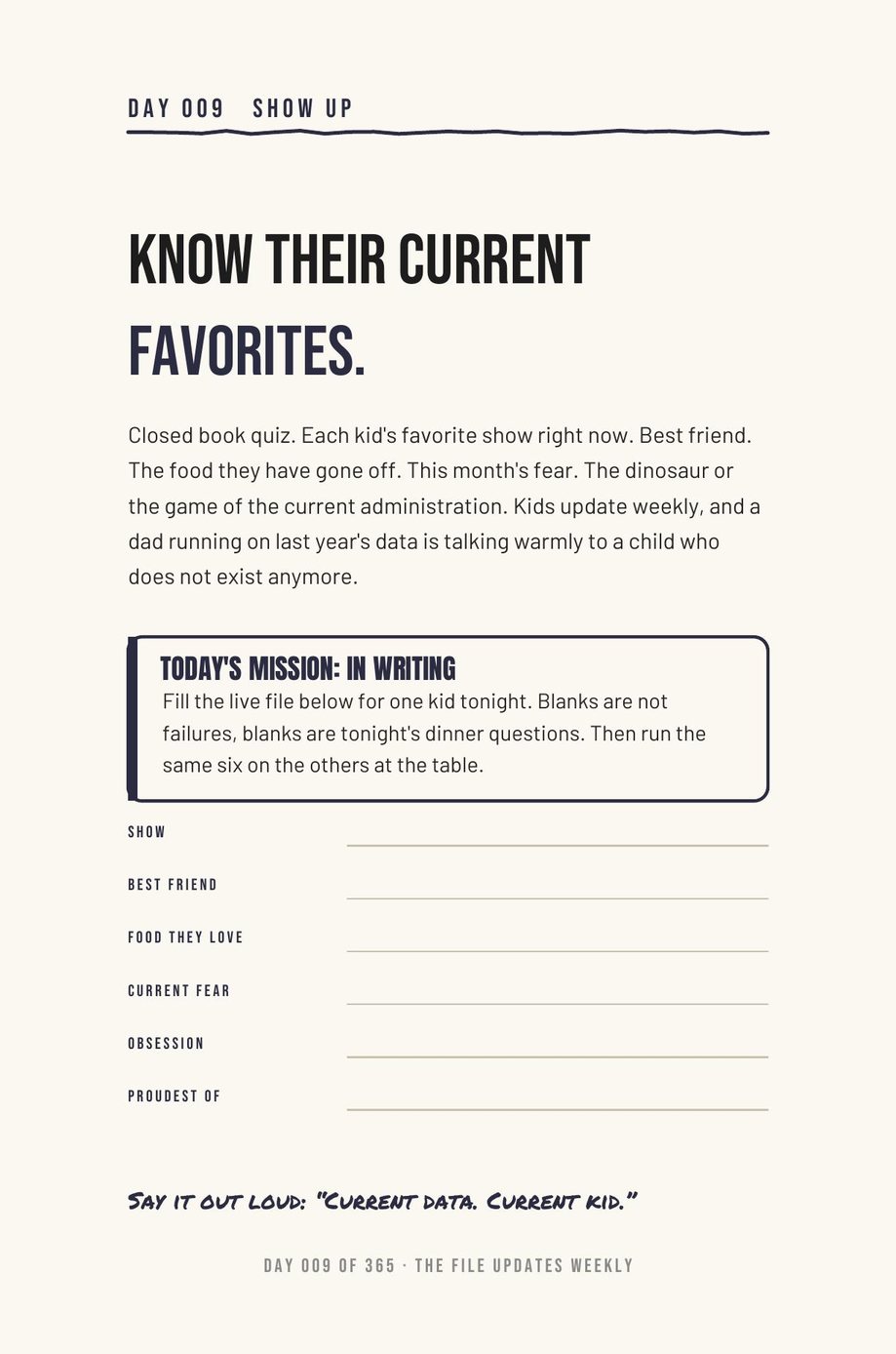 Dad The F*ck Up: Day 009, Know Their Current Favorites, the closed-book quiz on each kid's actual world