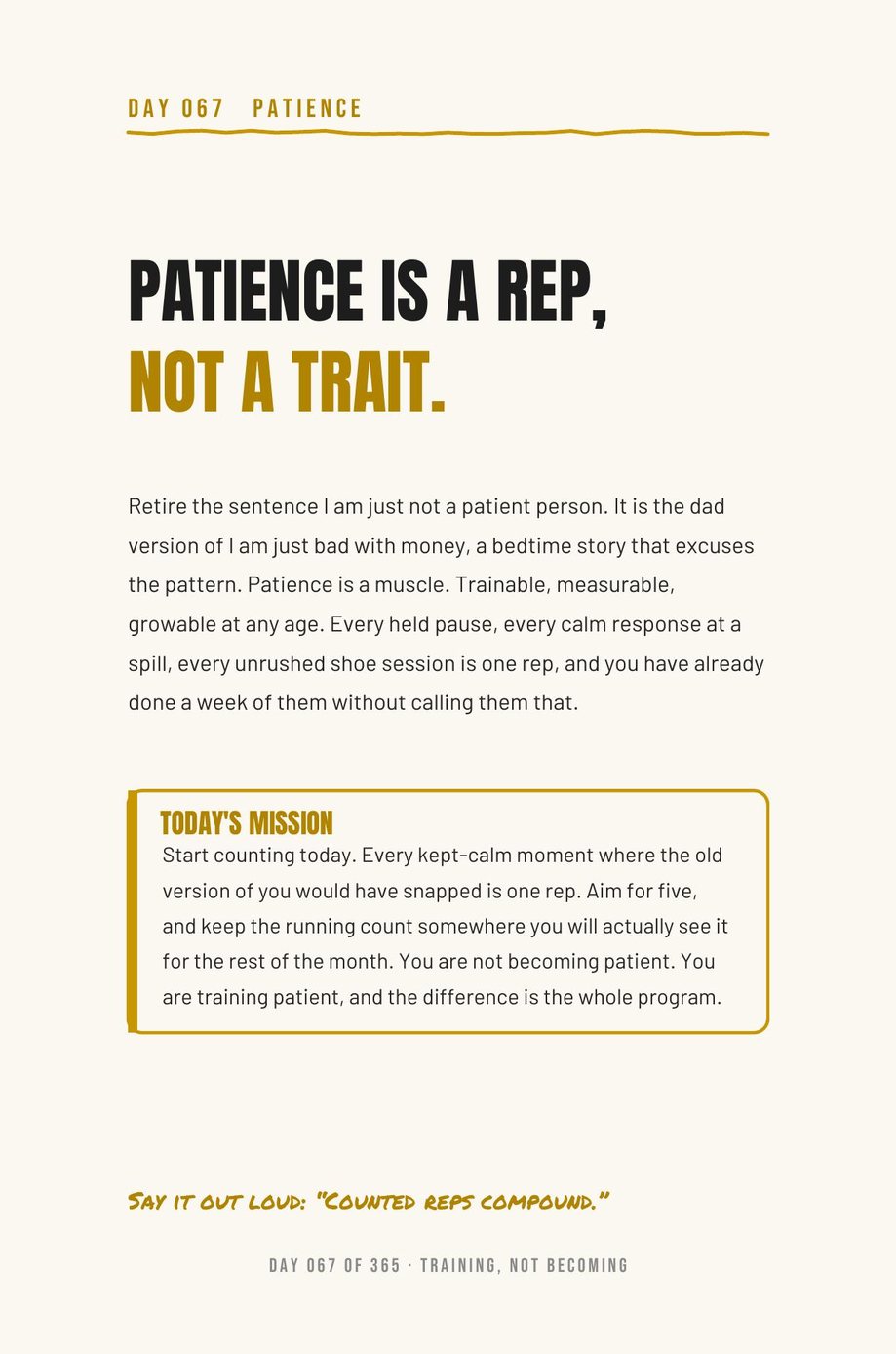 Dad The F*ck Up: Day 067, Patience Is a Rep Not a Trait, with the kept-calm counting mission