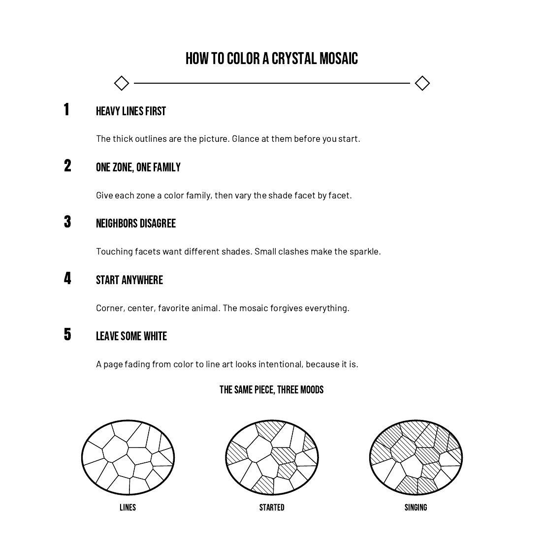 Farms of the World: the How to Color a Crystal Mosaic page, five numbered rules and a demo showing the same piece in three moods