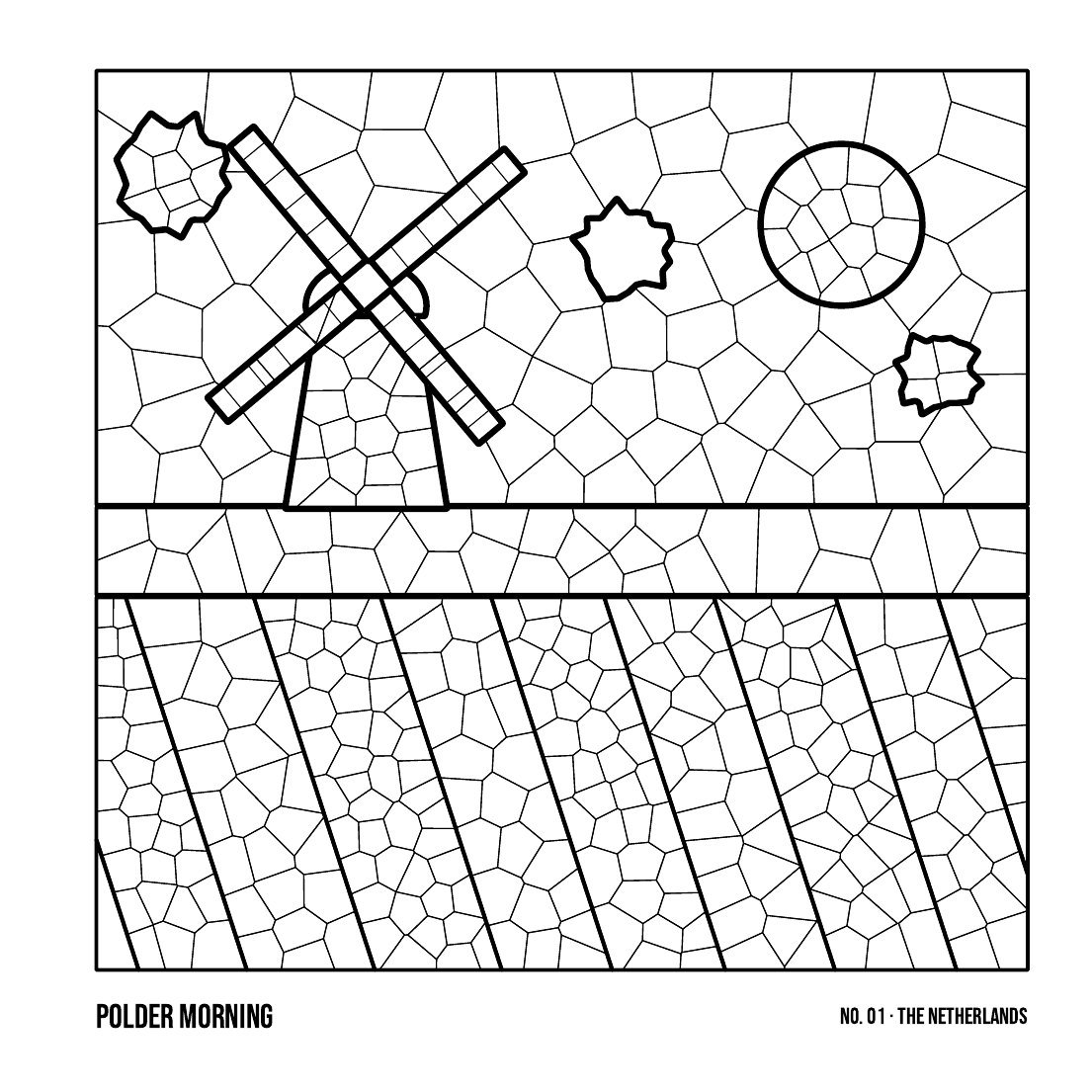 Farms of the World: Polder Morning, scene number 01, the Netherlands, a windmill and canal drawn in crystal mosaic facets