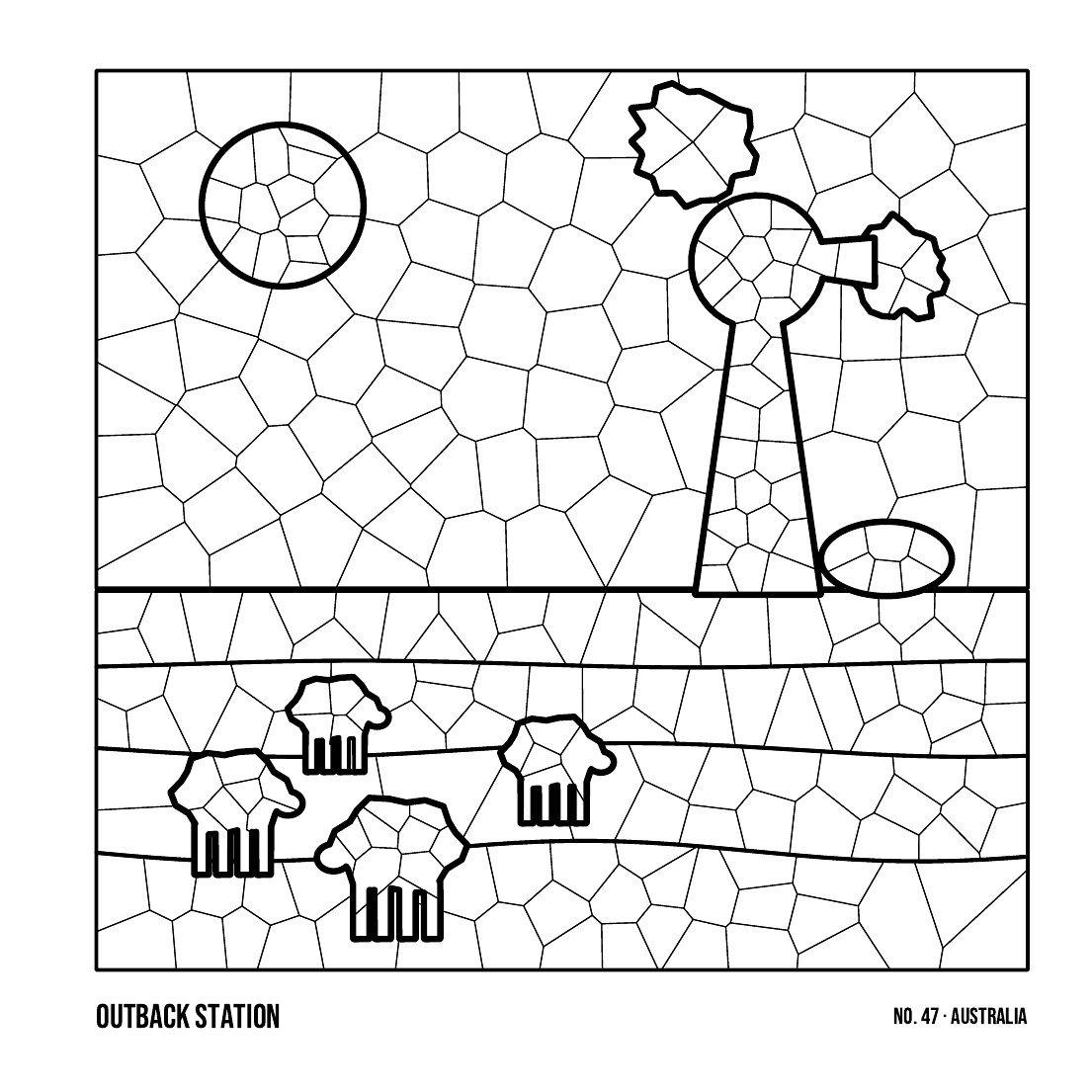 Farms of the World: Outback Station, scene number 47, Australia, a windpump and sheep drawn in crystal mosaic facets