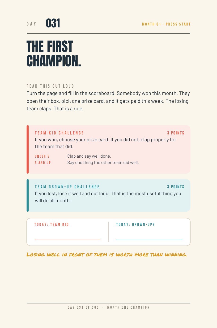 Kids vs Grown-Ups sample page: A monthly scoreboard