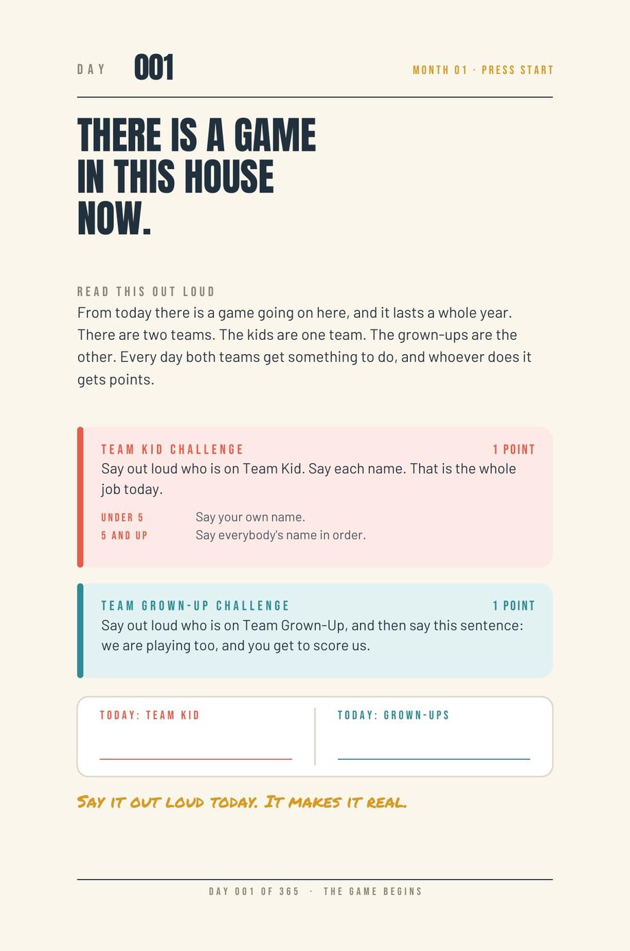 Kids vs Grown-Ups: Day 001, There Is a Game in This House Now, read out loud to both teams