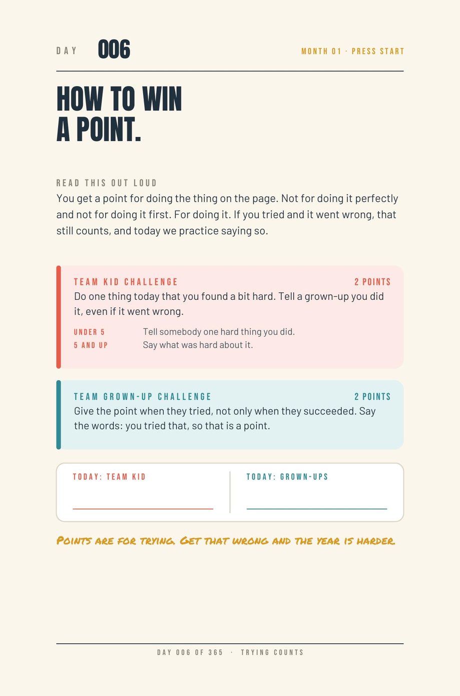 Kids vs Grown-Ups, Day 6: how to win a point, read this out loud