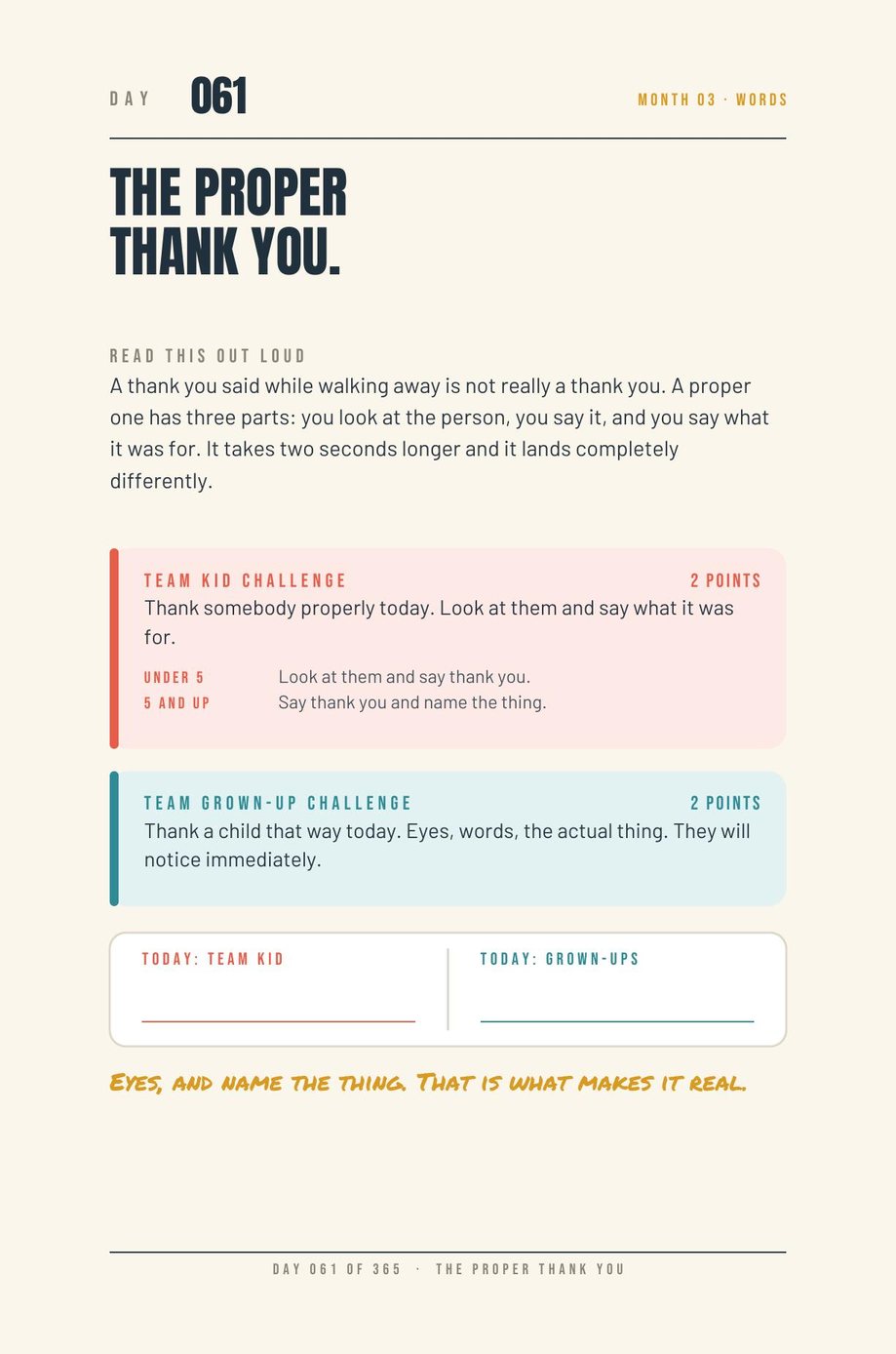 Kids vs Grown-Ups: Day 061, The Proper Thank You, a read-aloud page breaking a thank you into three parts