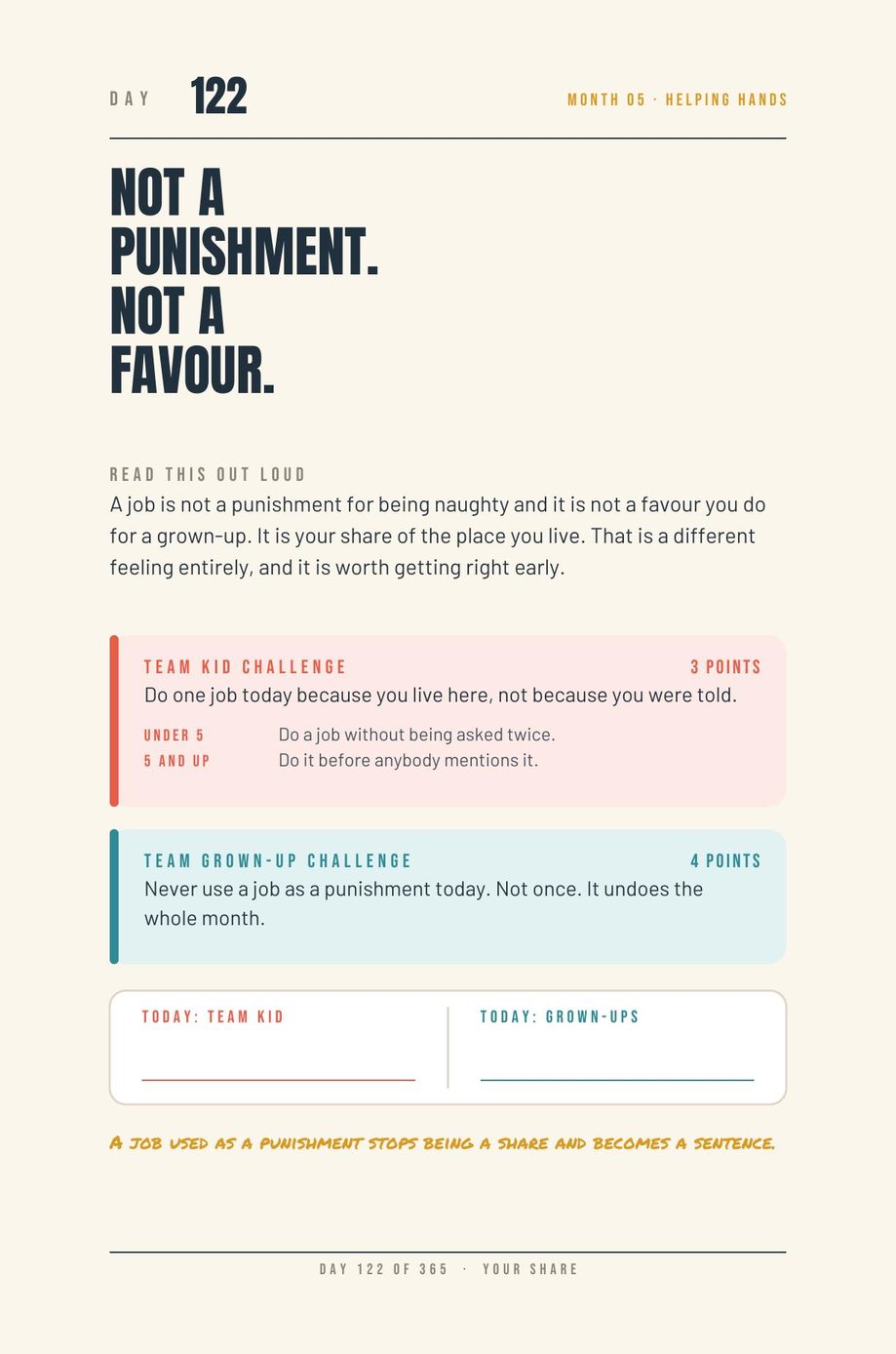 Kids vs Grown-Ups: Day 122, Not a Punishment Not a Favour, a read-aloud page with challenges for both teams
