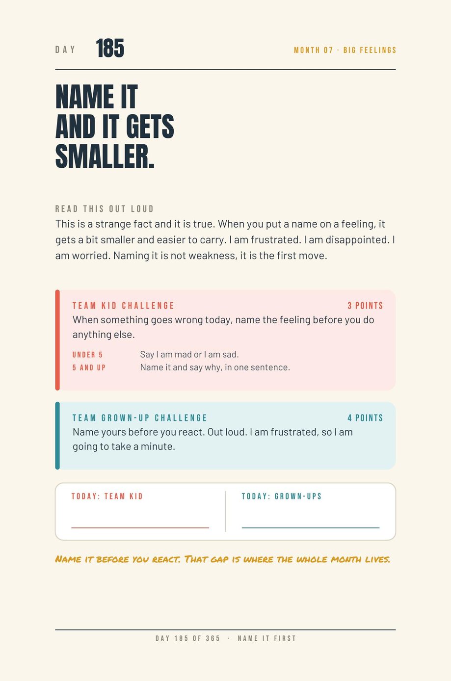 Kids vs Grown-Ups: Day 185, Name It and It Gets Smaller, a read-aloud page about naming a feeling first