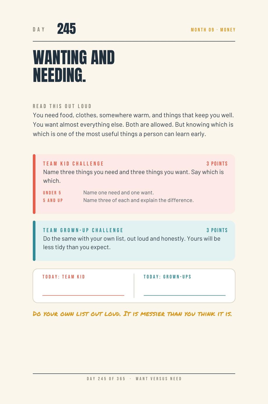 Kids vs Grown-Ups: Day 245, Wanting and Needing, a read-aloud page with a challenge for each team