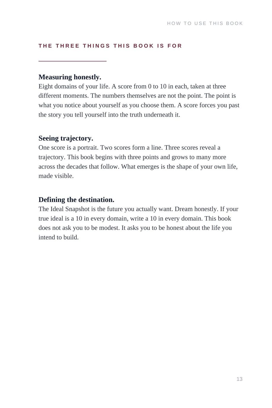 Lifetime Blueprint: the Three Things This Book Is For page, covering measuring, reflecting and letters