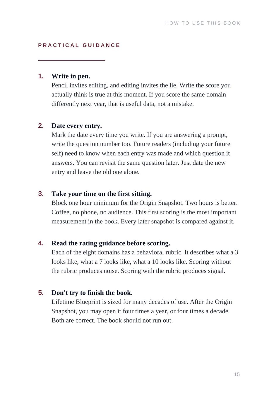 Lifetime Blueprint: the Practical Guidance page, beginning with the instruction to write in pen