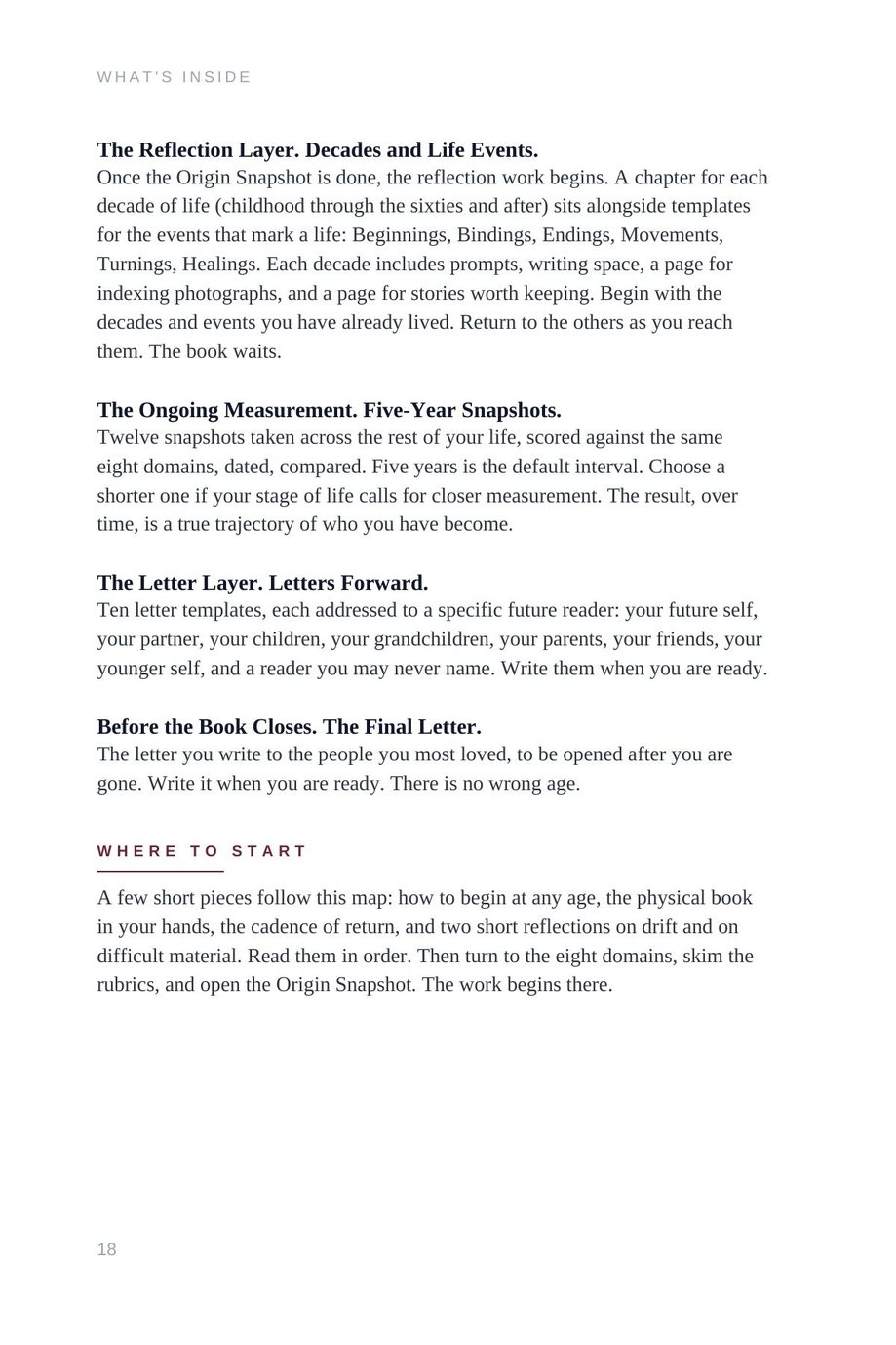 Lifetime Blueprint: the What's Inside page describing the reflection layer of decades and life events