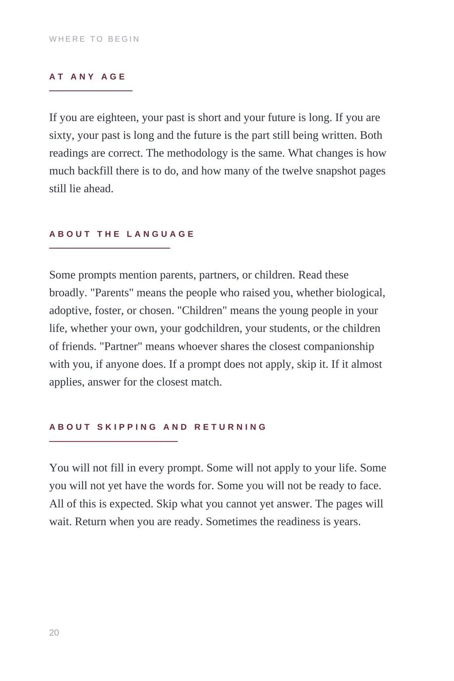 Lifetime Blueprint: the At Any Age page, about the language, and about skipping and returning