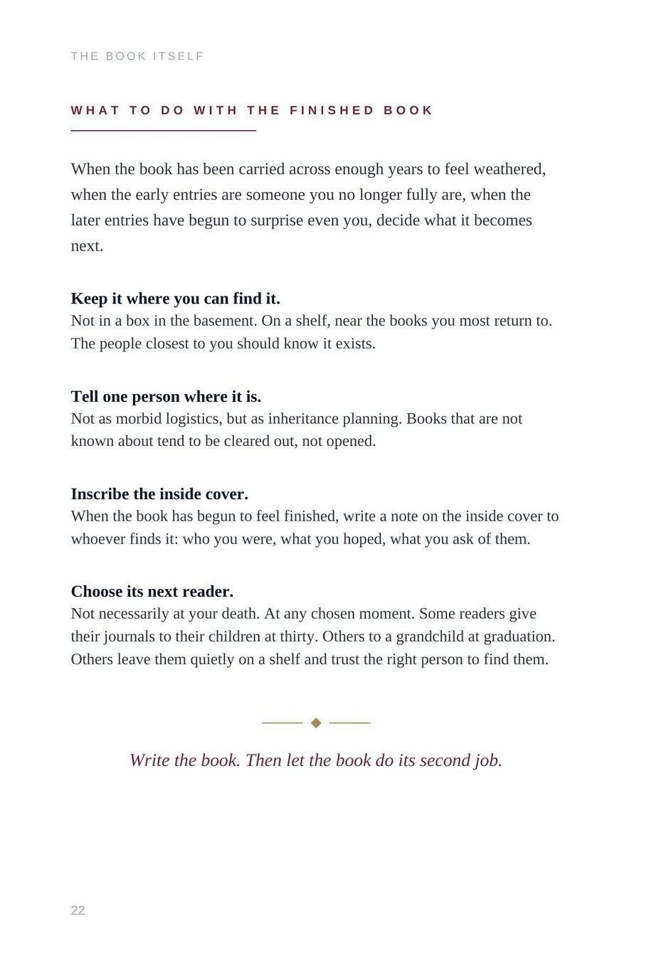 Lifetime Blueprint: What to Do With the Finished Book, on handing the book on once it is carried
