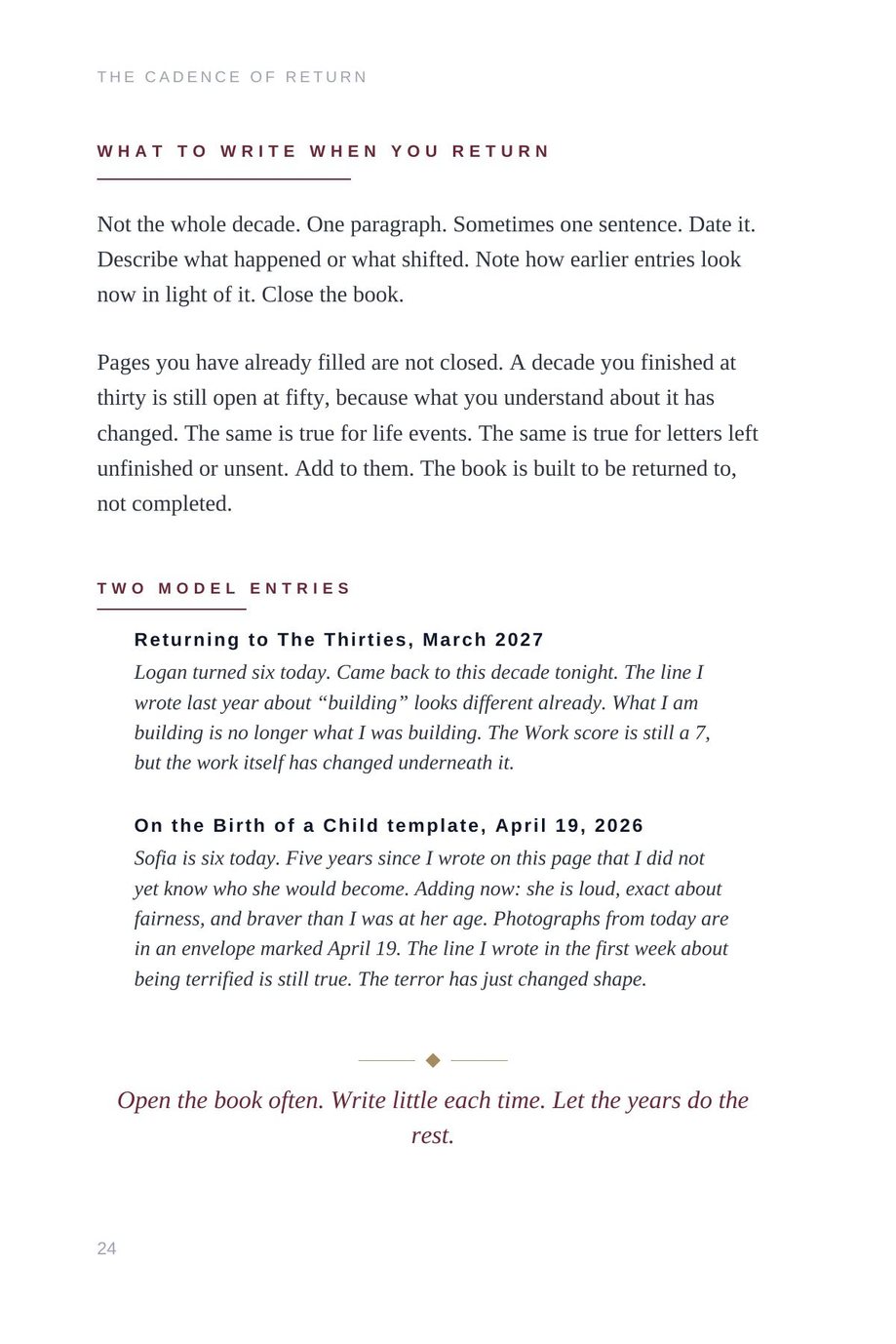 Lifetime Blueprint: the Cadence of Return, not the whole decade, one paragraph, sometimes one sentence, dated