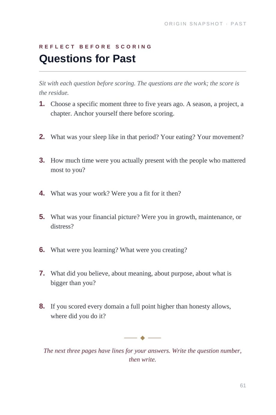 Lifetime Blueprint: Questions for Past, a page of reflection prompts to sit with before scoring
