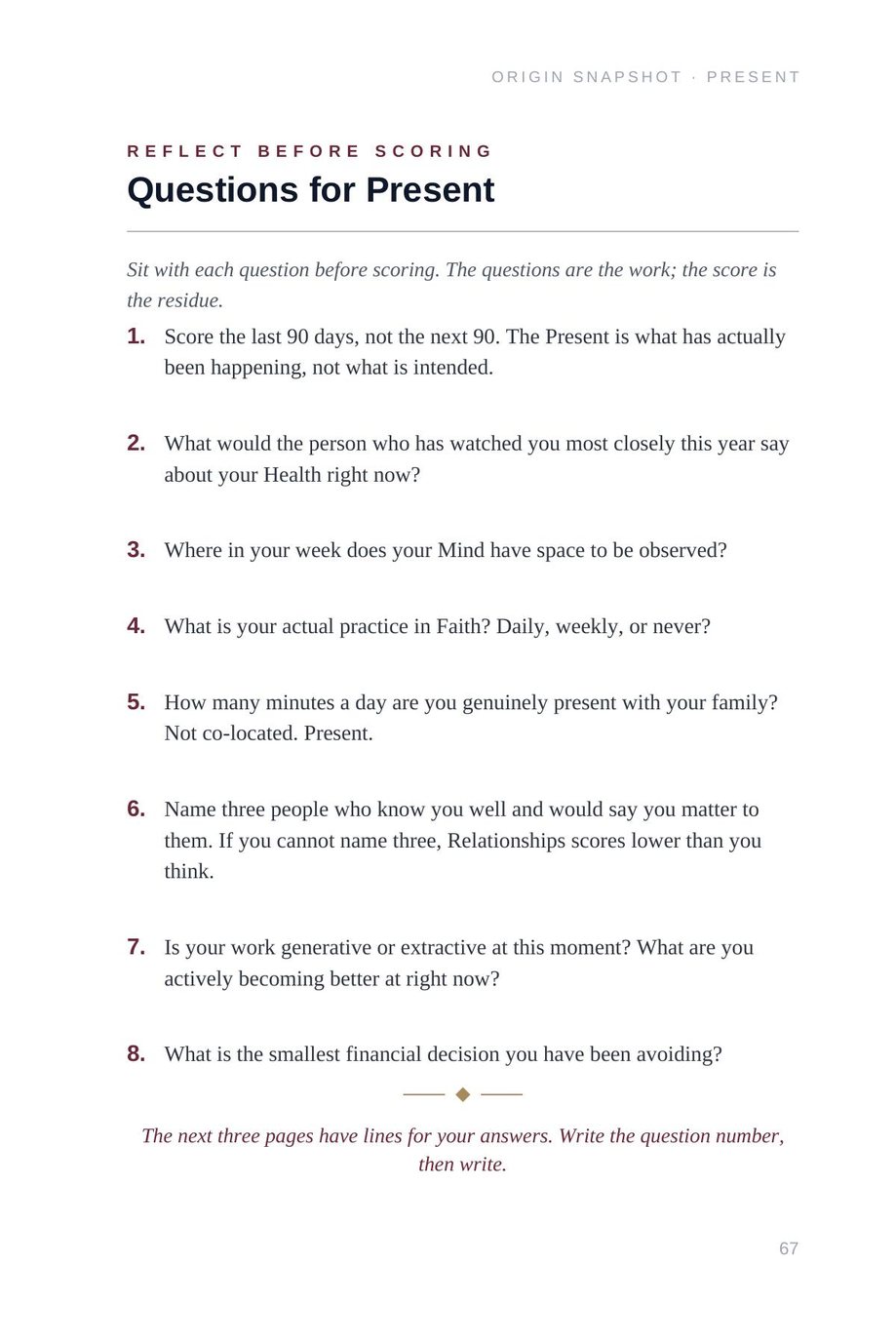 Lifetime Blueprint: Questions for Present, reflection prompts used before scoring each domain