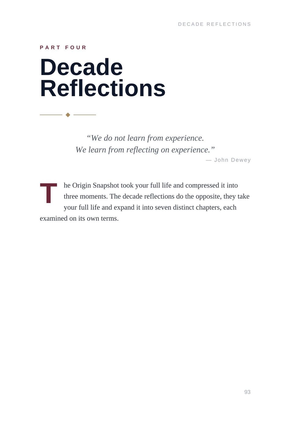 Lifetime Blueprint: the Decade Reflections part divider, we learn from reflecting on experience