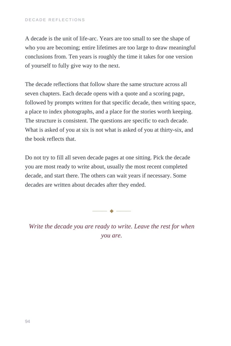 Lifetime Blueprint: the Decade Reflections opening, explaining the decade as the unit of a life arc