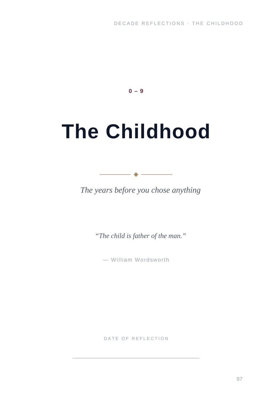 Lifetime Blueprint: the Childhood decade opening page, the years before you chose anything, with the Wordsworth line
