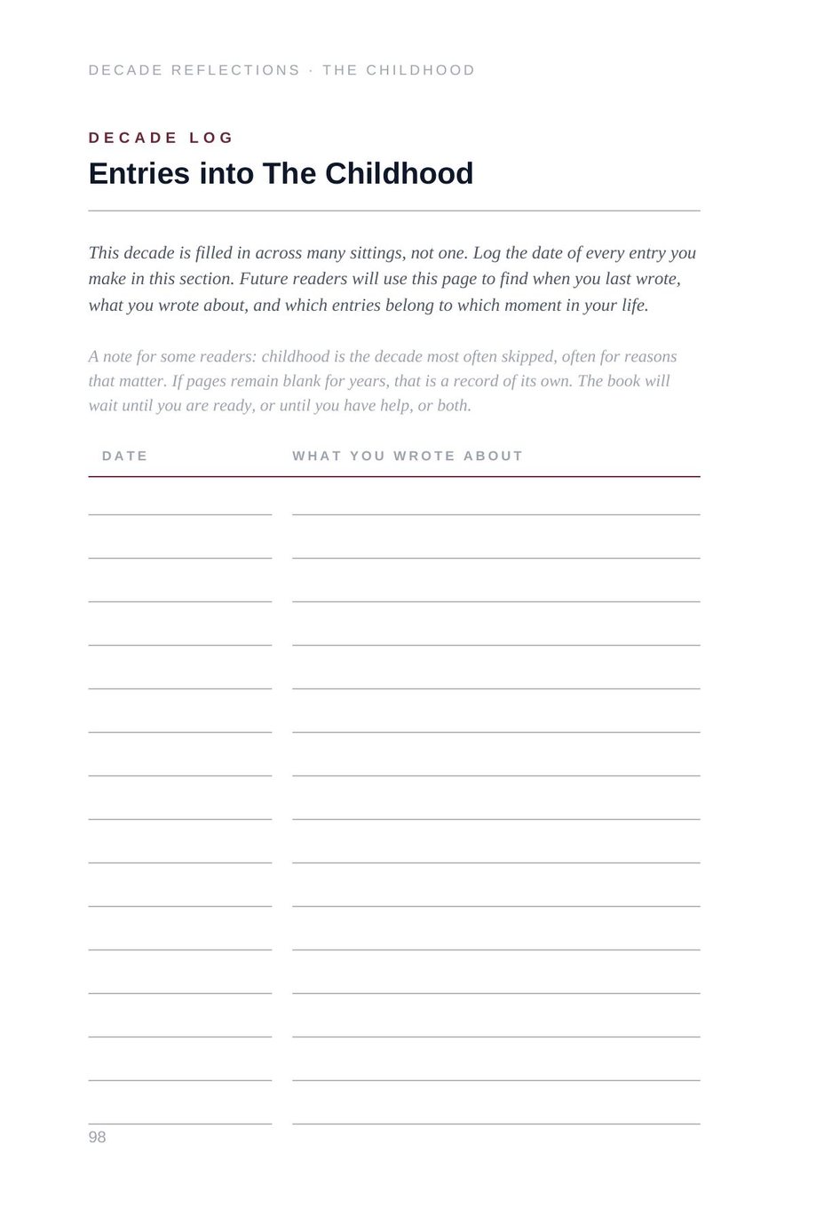 Lifetime Blueprint: the Childhood decade log page, entries made across many sittings