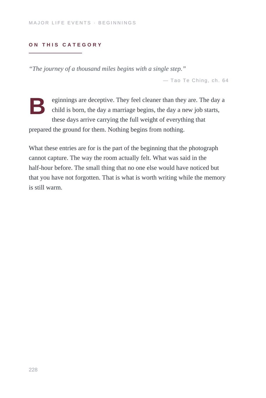 Lifetime Blueprint: the Beginnings category page opening the major life events section