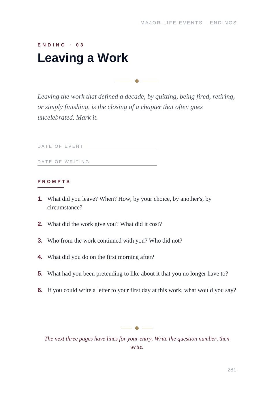 Lifetime Blueprint: the Leaving a Work template prompts