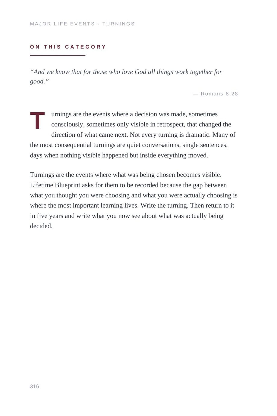Lifetime Blueprint: the Turnings category page, for the events that change a life's direction