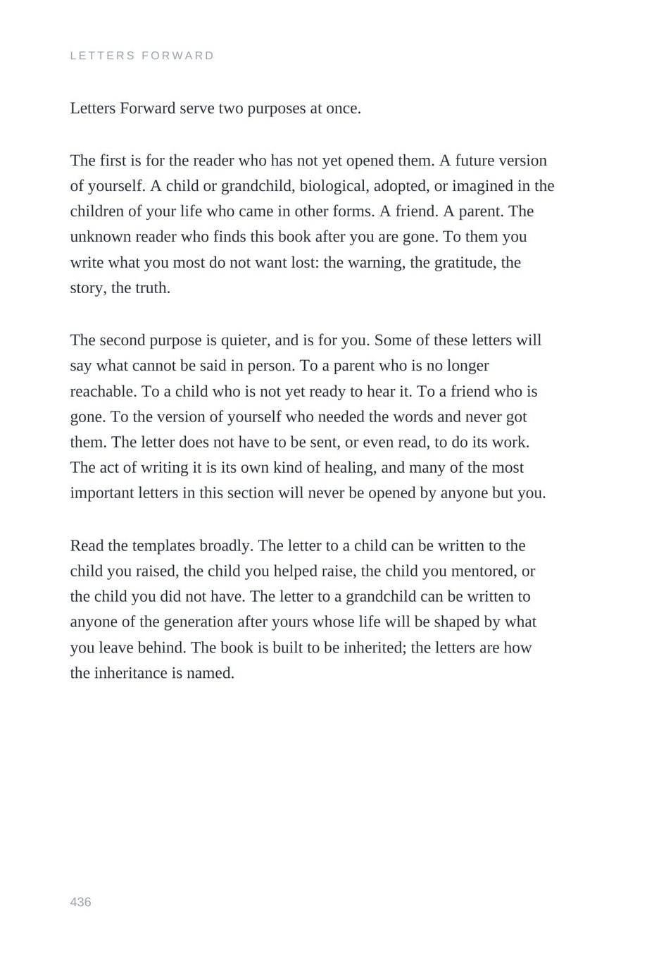Lifetime Blueprint: the Letters Forward opening, explaining who the sealed letters are written for