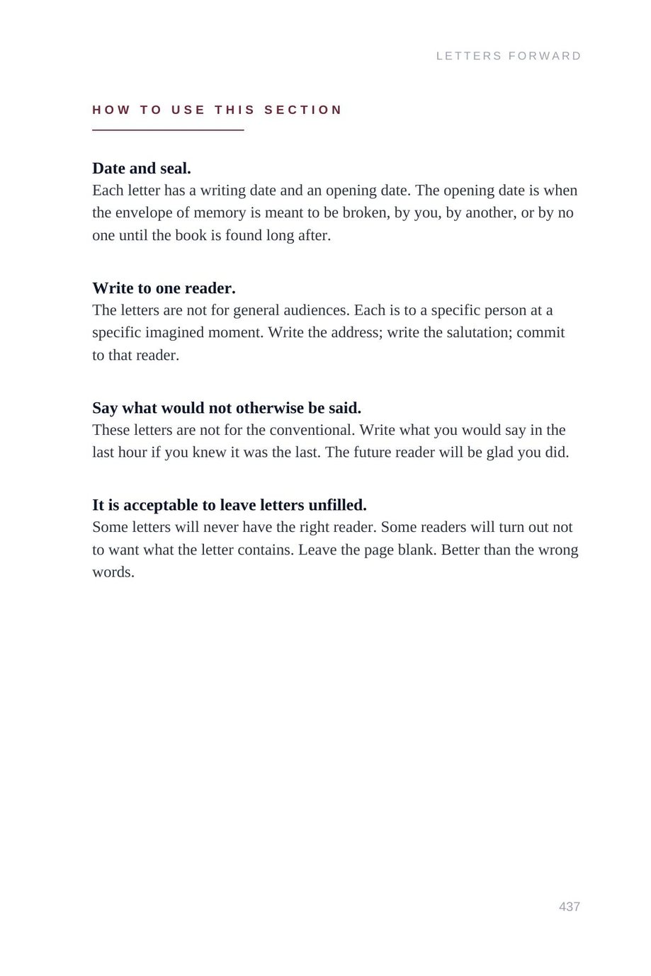 Lifetime Blueprint: the Letters Forward instructions page, date and seal, each letter has a writing date and an opening date