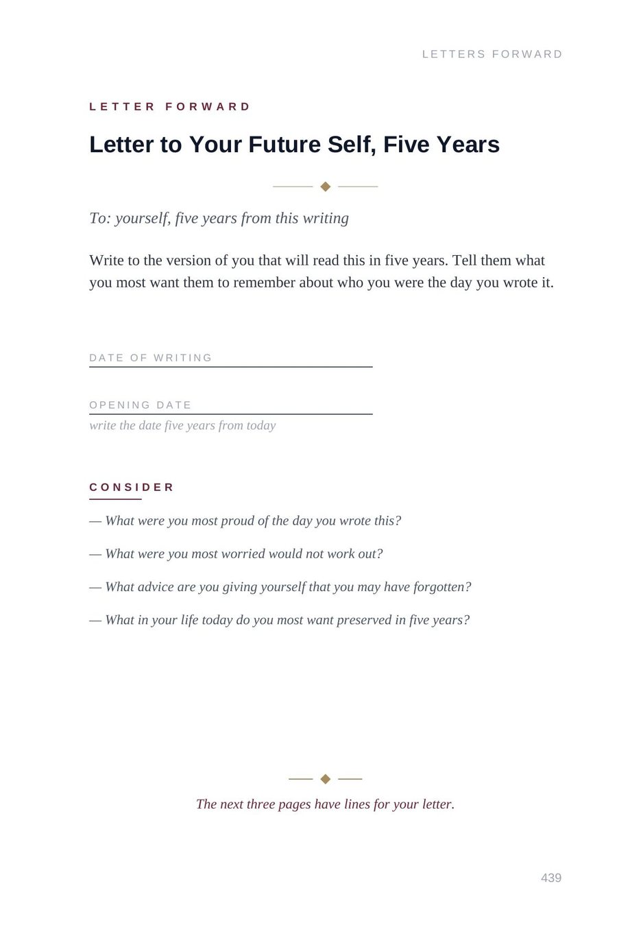 Lifetime Blueprint: Letter to Your Future Self, Five Years, with prompts and an opening date