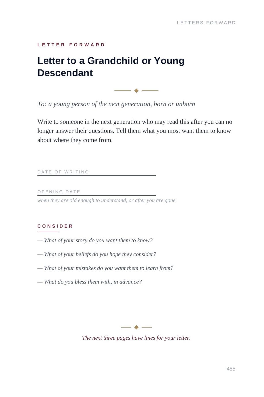 Lifetime Blueprint: the Letter to a Grandchild or Young Descendant template page