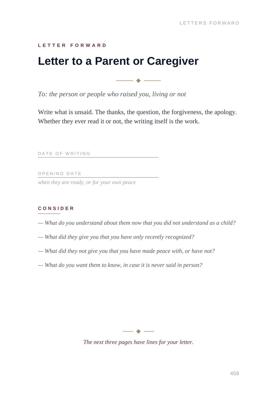 Lifetime Blueprint: the Letter to a Parent or Caregiver template