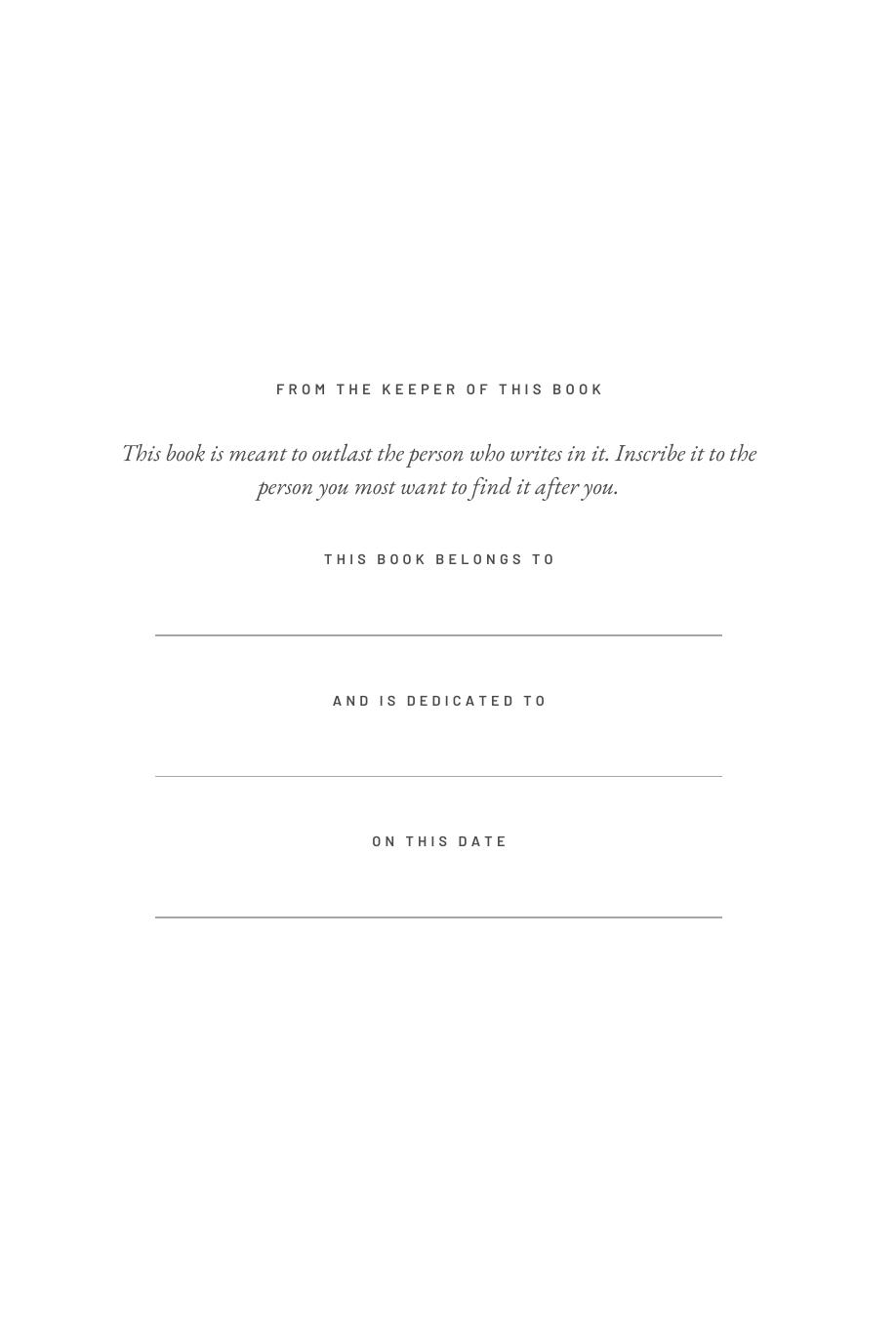 Lifetime Blueprint: From the Keeper of This Book, the inscription page for the person you most want to find it