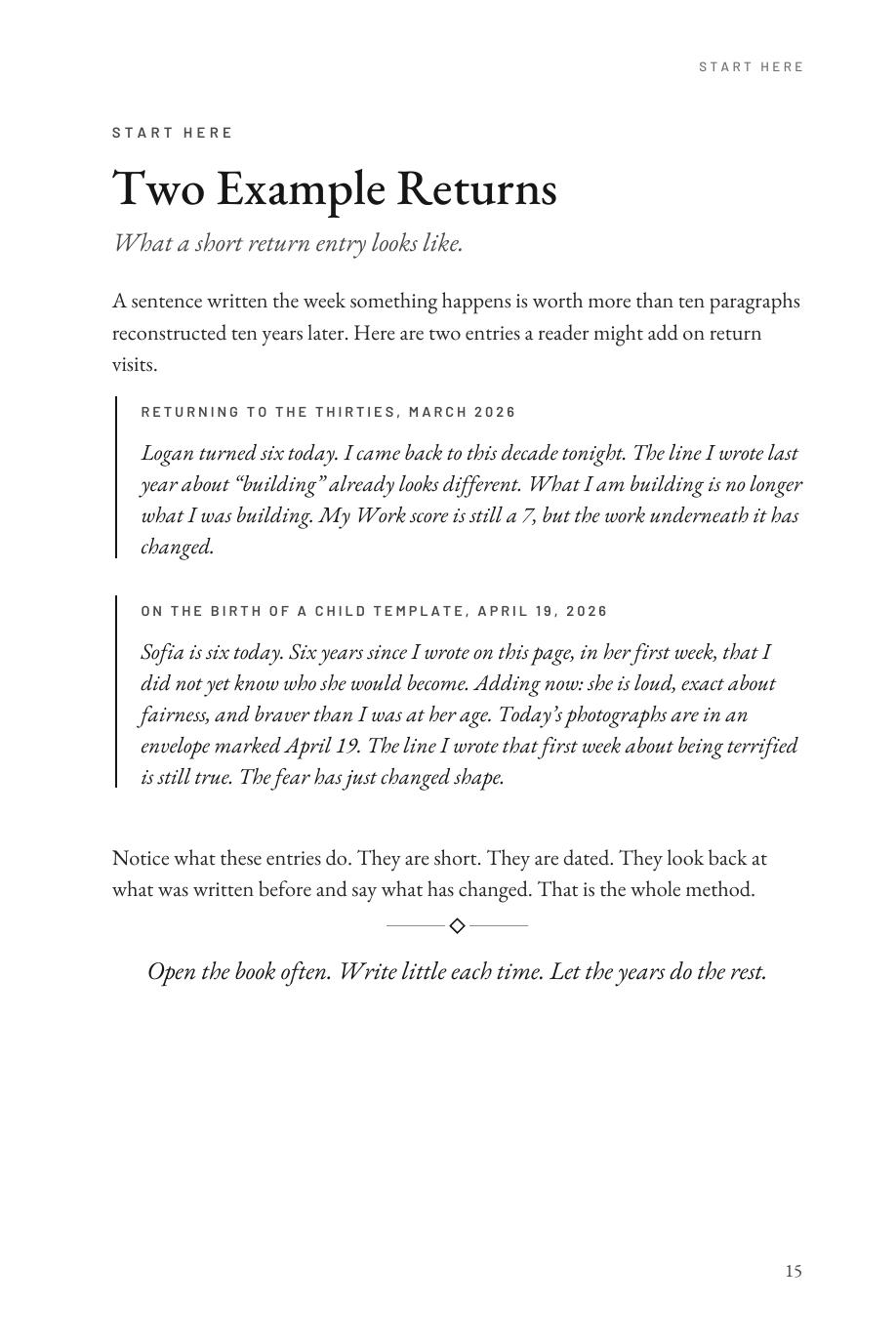 Lifetime Blueprint: Two Example Returns, short dated entries a parent adds years after a birth and a decade