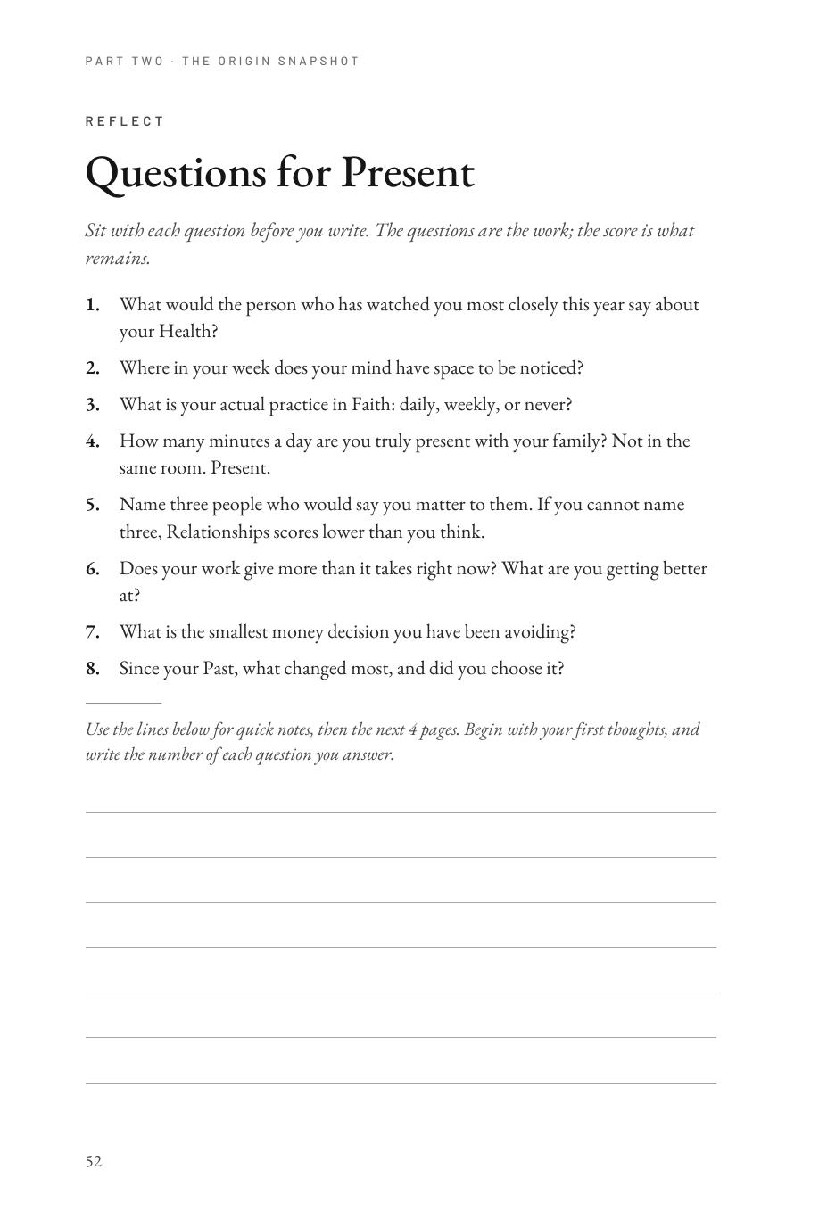 Lifetime Blueprint: Questions for Present, eight reflection prompts asked before you write
