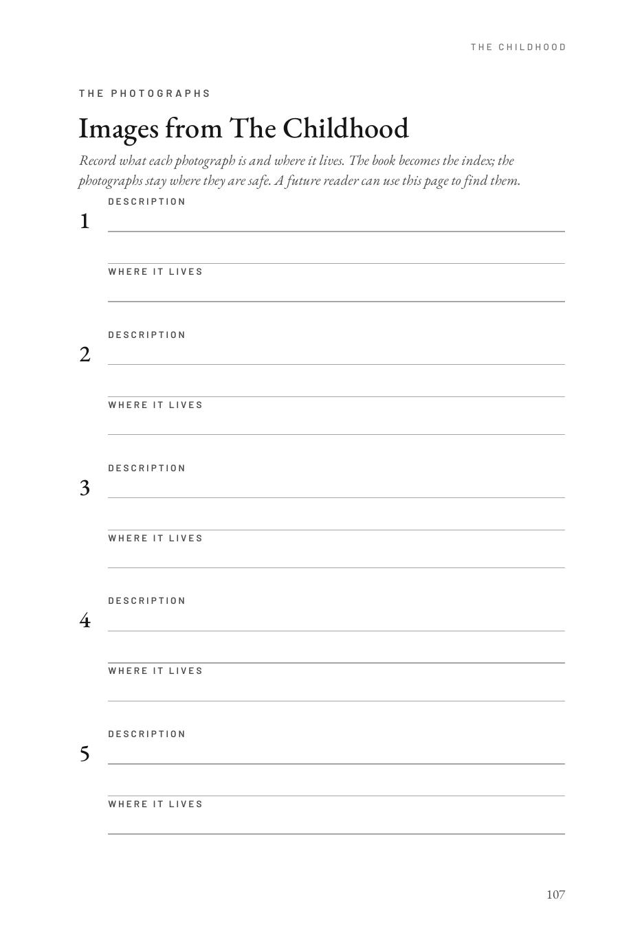 Lifetime Blueprint: The Photographs page, recording what each photograph is and where it lives