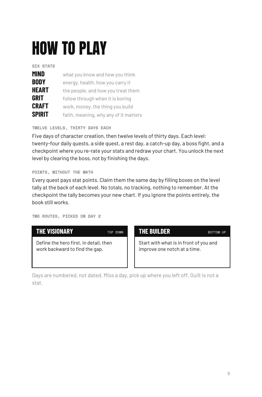 Level The F*ck Up sample page: How To Play: the six stats