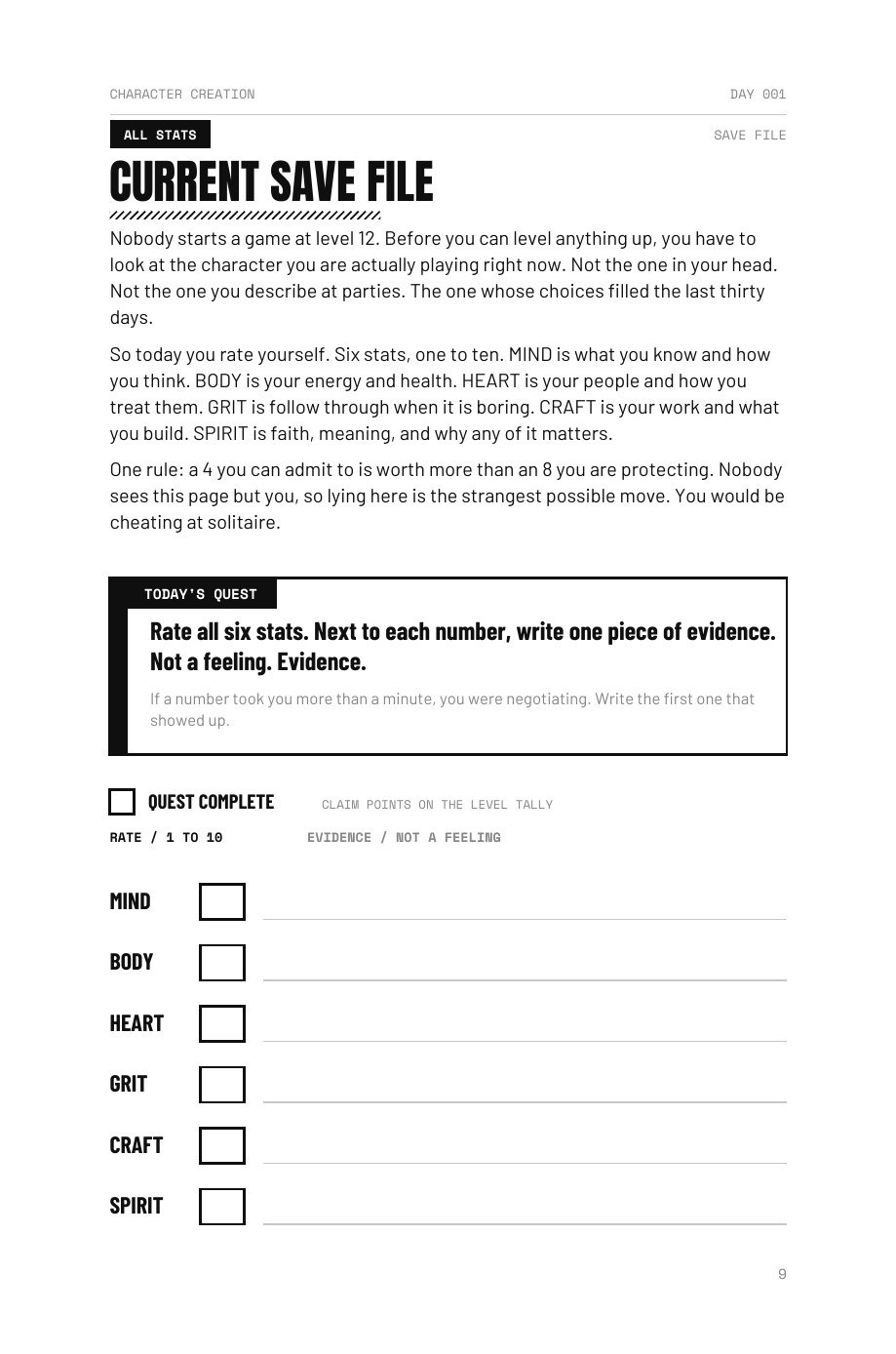 Level The F*ck Up sample page: Character Creation, Day 001