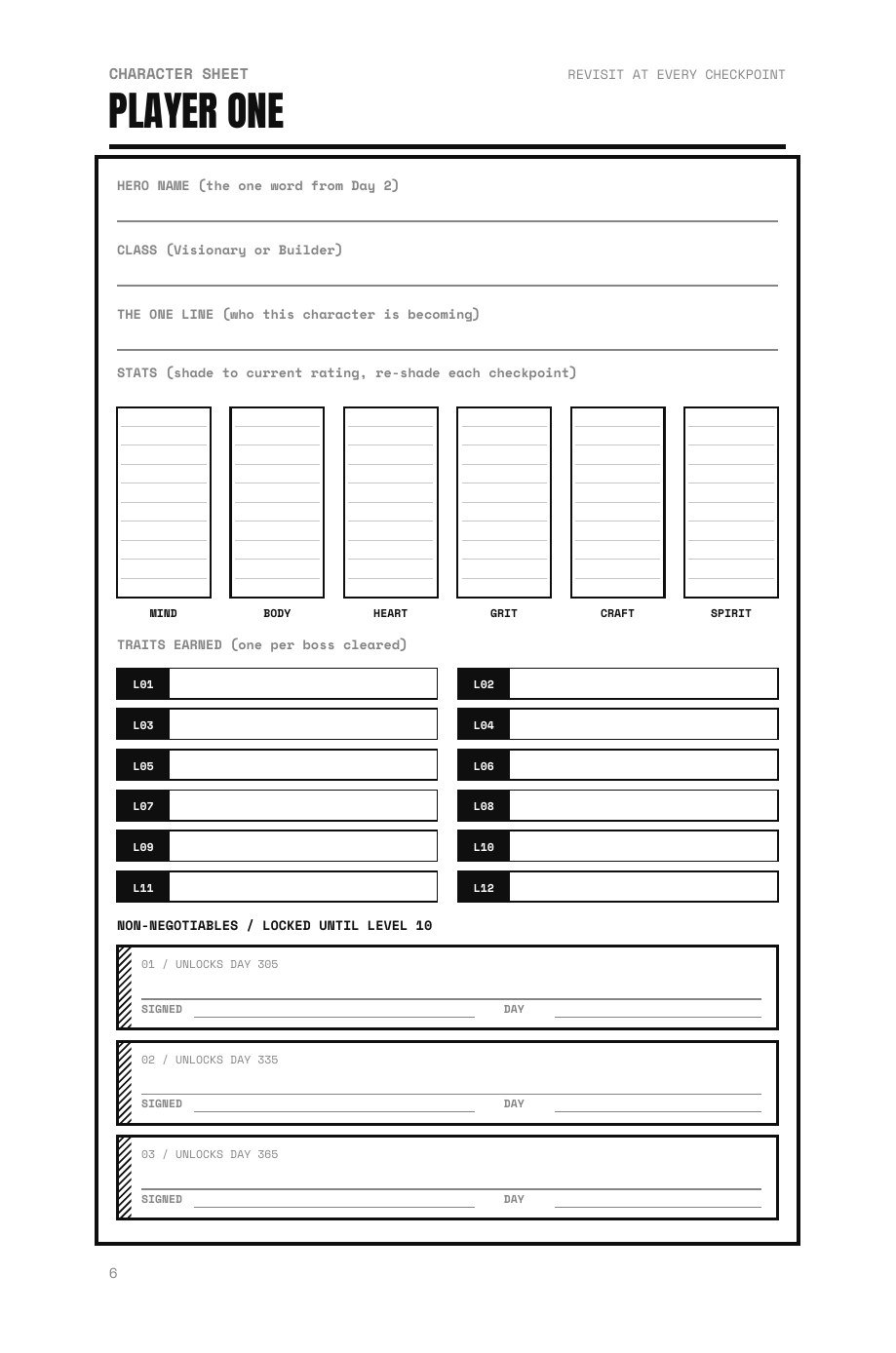 Level The F*ck Up sample page: The character sheet you redraw at every checkpoint