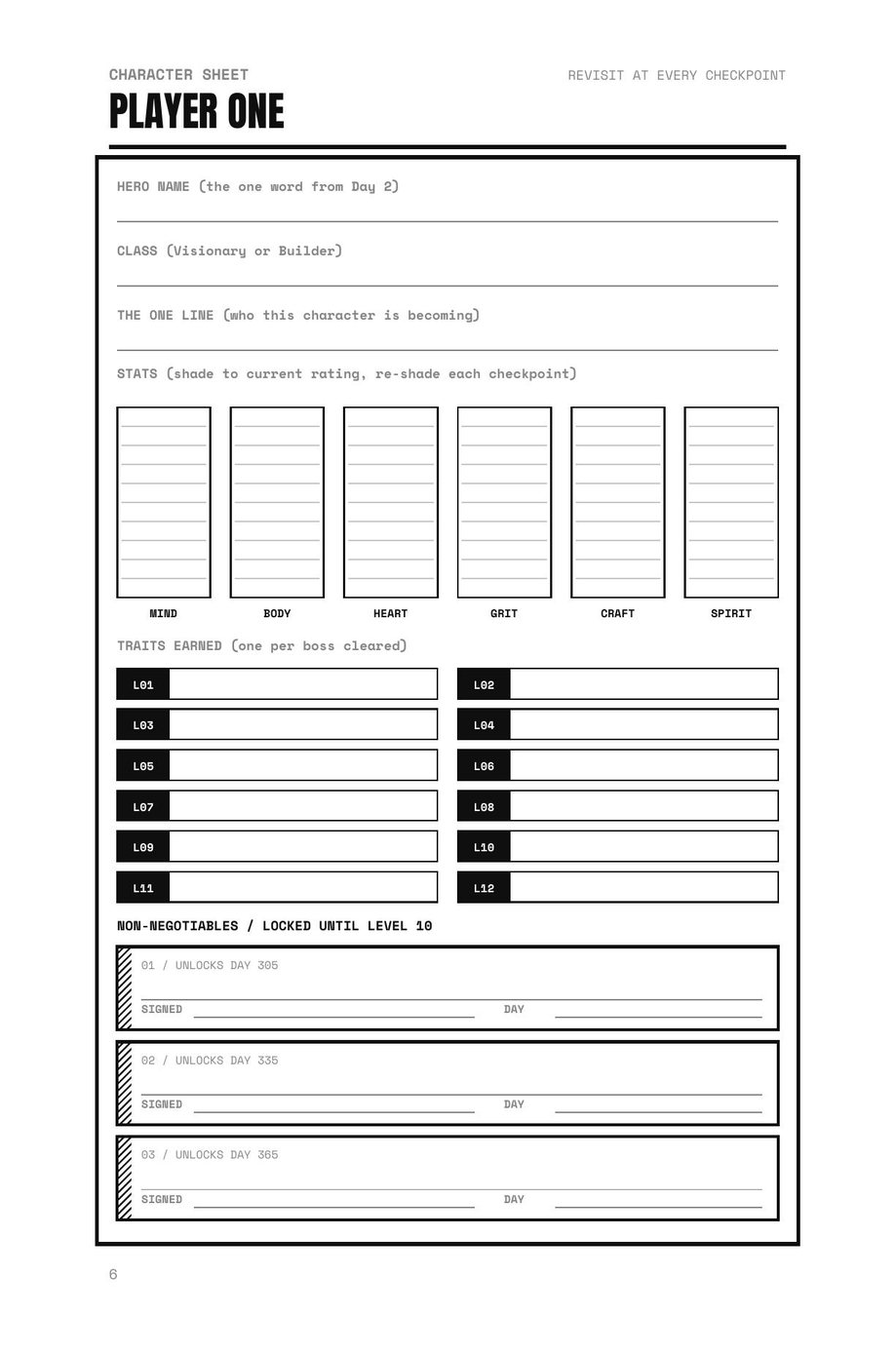 Level The F*ck Up: the Player One character sheet, with stat bars to fill in at every checkpoint