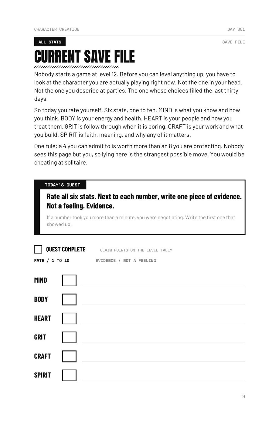 Level The F*ck Up: Day 001, Current Save File, rating all six stats with evidence for each