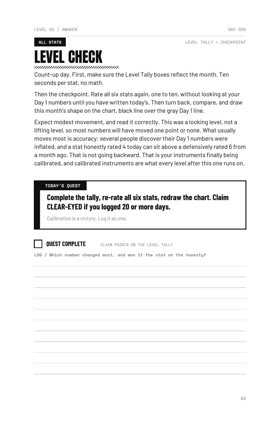 Level The F*ck Up: Day 034, Level Check, where you count the tally and re-rate all six stats