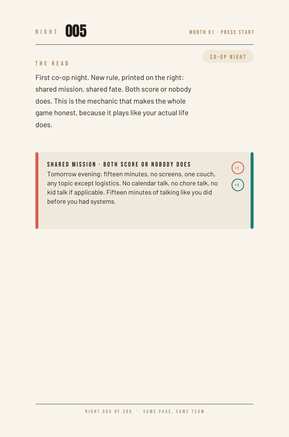 The Love Game interior page: Month One divider: Press Start