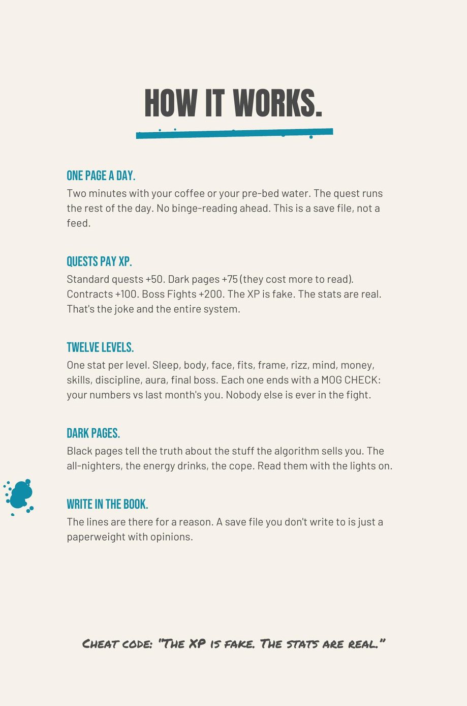 MAXX The F*ck Up: the How It Works page listing twelve levels, one stat per level, each ending in a mog check