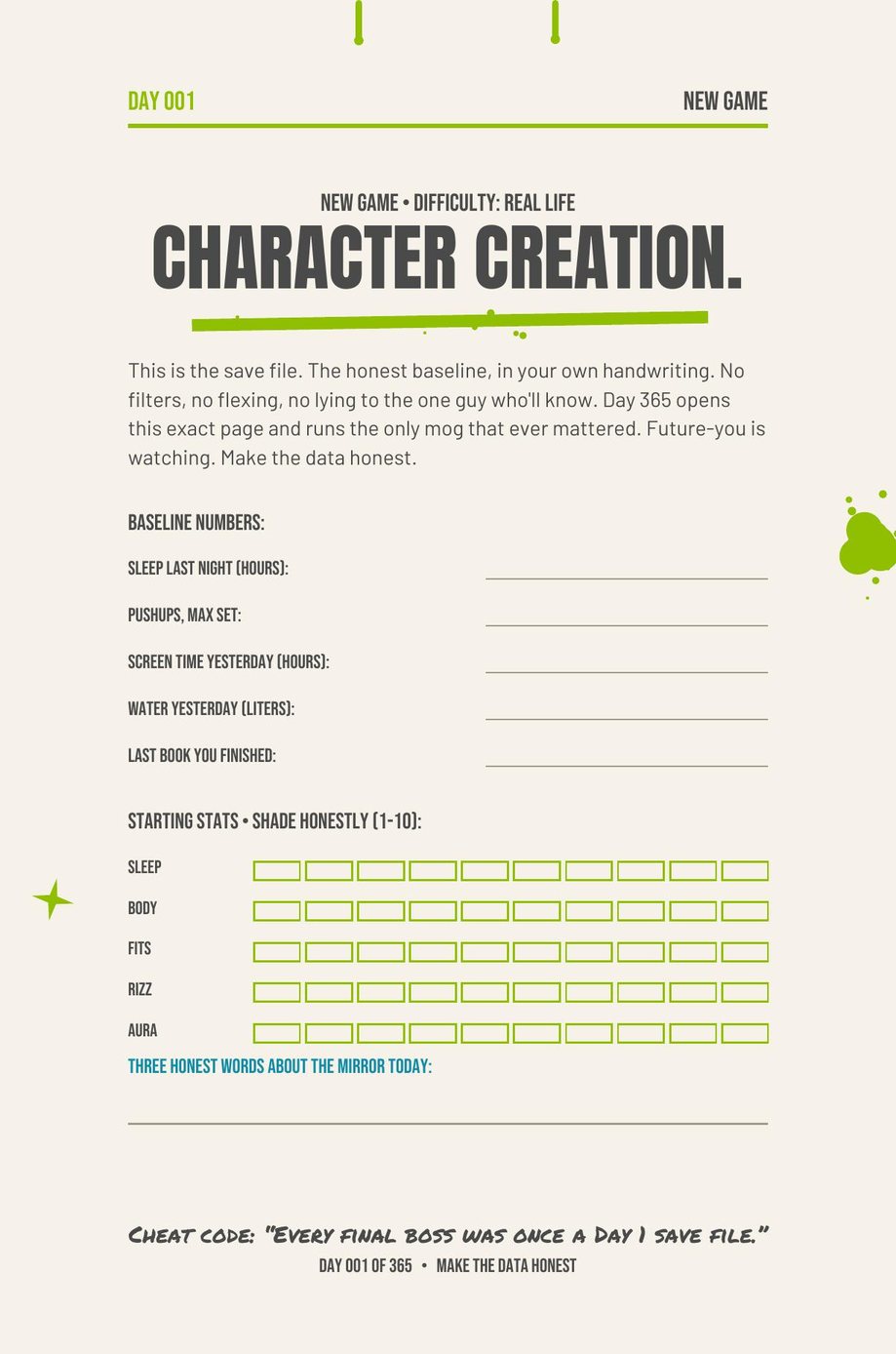 MAXX The F*ck Up: Day 001, Character Creation, where you write your honest baseline numbers and stats