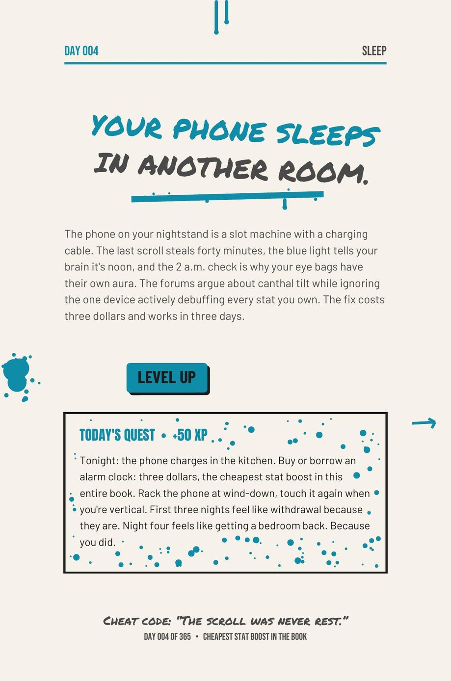 MAXX The F*ck Up: Day 004, Your Phone Sleeps in Another Room, a quest page about the nightstand slot machine