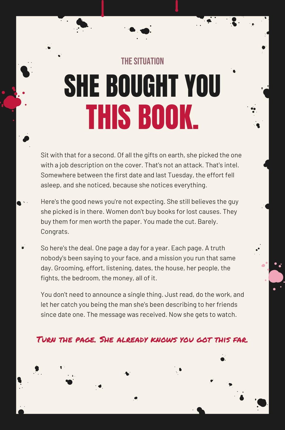 She Bought You This Book: The Situation page, telling him to sit with the fact that of all the gifts on earth, she picked this
